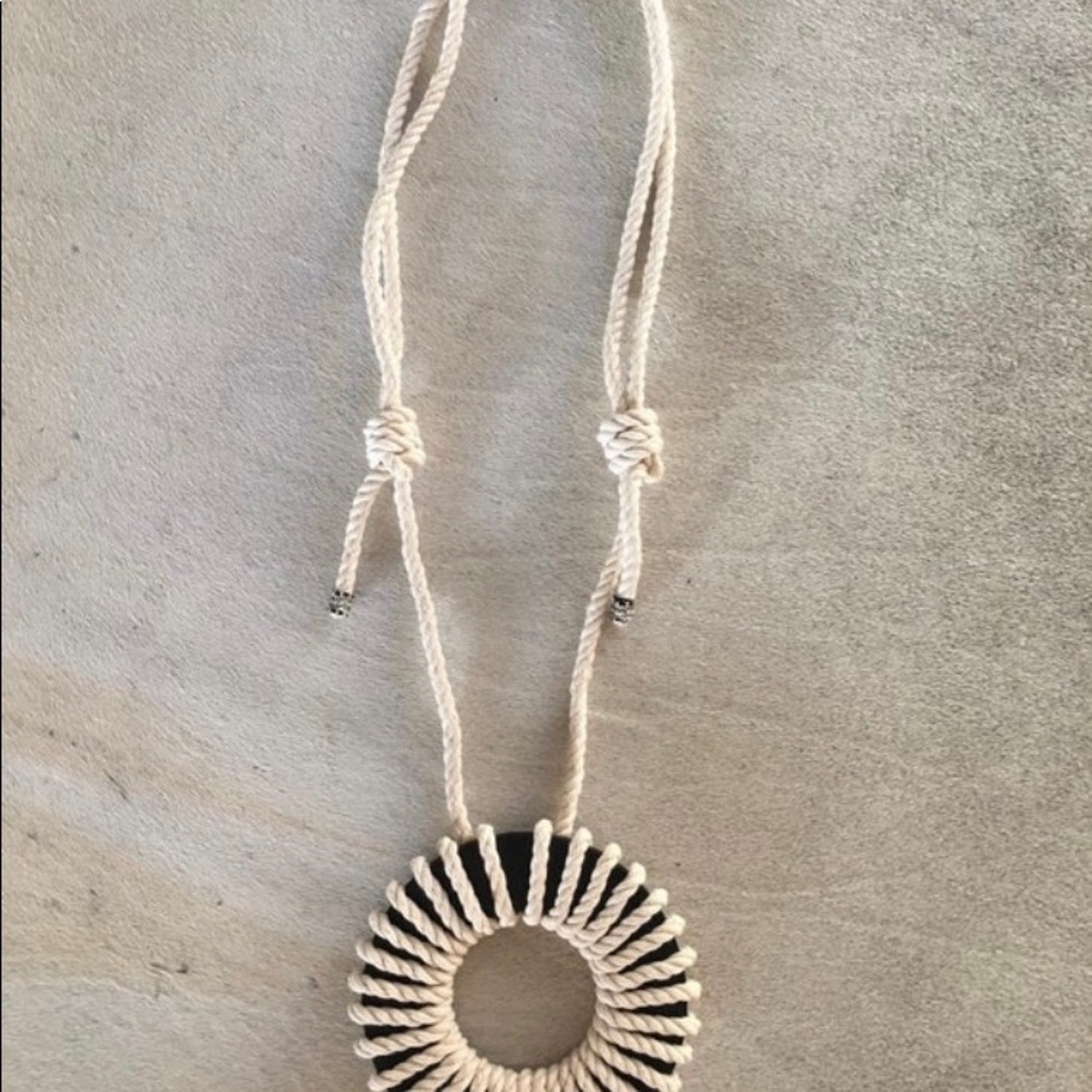 XL statement necklace beige cotton rope adjustable with black 6 in diameter ring
